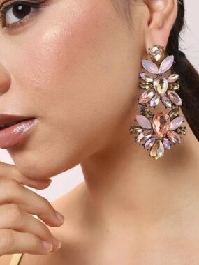 Sohi Blush Pink Champagne Iridescent Floral Crystal Statement Drop Earrings